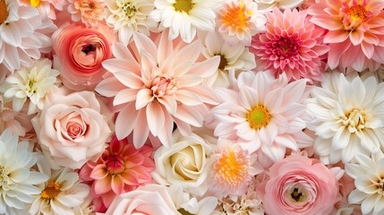 Floral shop banner, top view of macro photo of white and pastel pink summer flowers