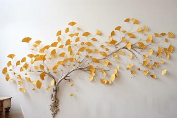 Beautiful wall-mounted metallic golden tree sculpture spreading branches across a white wall