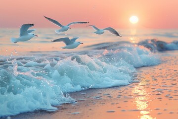 Seagulls Flying Over the Ocean at Sunset