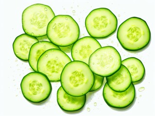 Freshly sliced cucumber on a white background. Perfect for healthy food or beverage concepts.