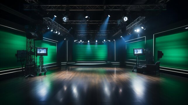 Empty television studio with green screens and lighting equipment.