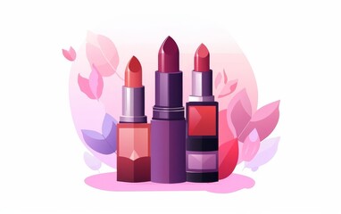 Fototapeta premium Three lipsticks in various shades of red with pink floral background.
