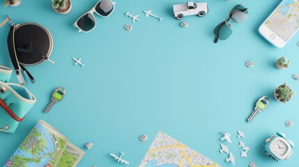 Travel essentials layout with maps, sunglasses, and accessories on blue background