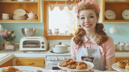 Retro-style woman in a pastel kitchen holding a plate of pastries, smiling cheerfully. Trad wife...