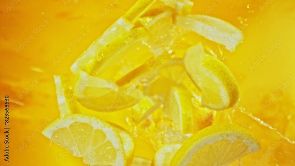 Poster super slow motion of falling lemon slices into water, colored background. filmed on high speed cinem