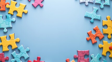 Colorful puzzle pieces on a blue background. Autism and mental health concept