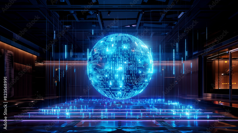 Poster futuristic digital technology background with a virtual sphere of binary codes in a futuristic techn