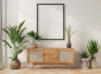 Modern living room interior with empty black frame mockup on the white wall, elegant wooden sideboard and plants in pots