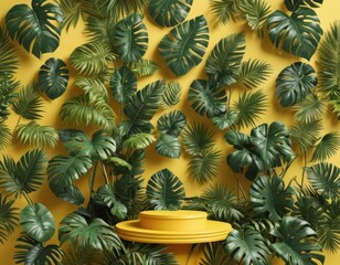 a yellow podium in front of a green plant wallpapered with leaves.