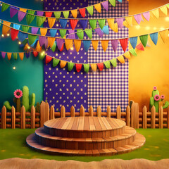 Palco 3d realista com bandeirinha para expor produtos de festa junina