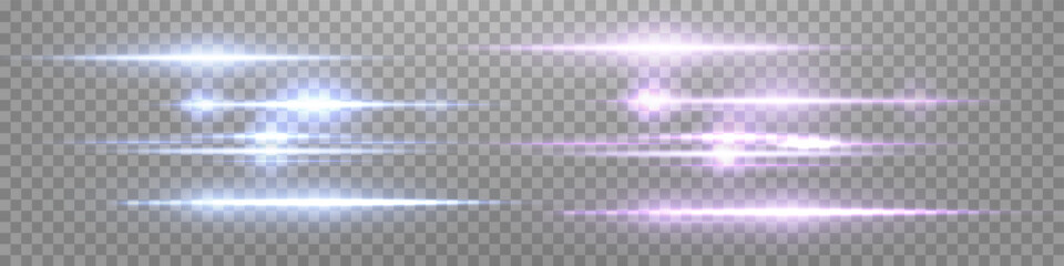 Pink and blue lens flares set. Sun flash with rays or spotlight and bokeh. Glow flare light effect. Vector illustration. Isolated on transparent background. 