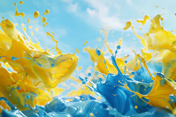 A whimsical display of lemon yellow and sky blue oil paint splashes, mingling together like a...