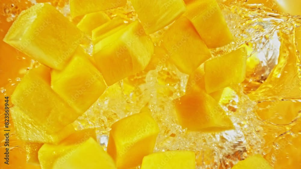 Poster super slow motion of falling mango slices into water, colored background. filmed on high speed cinem