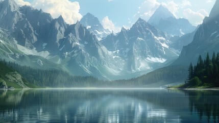 A peaceful mountain lake surrounded by towering peaks.