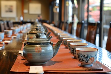 Portrait of a table set with traditional Japanese ta pots kept on a clean wooden table for text or a product background a traditional scenery, Generative AI.