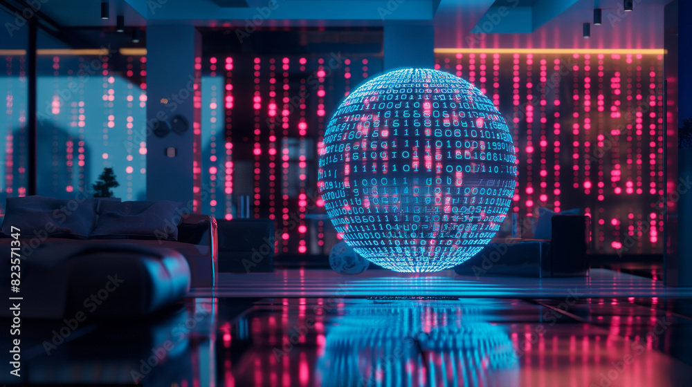 Poster futuristic digital technology background with a virtual sphere of binary codes in a futuristic techn