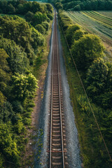 Aerial view of empty railway tracks cutting through a rural landscape, highlighting the clean lines and geometric shapes. 