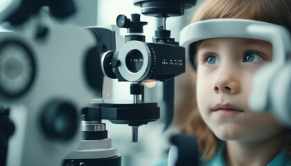 Small child at the ophthalmology office. Close up. 