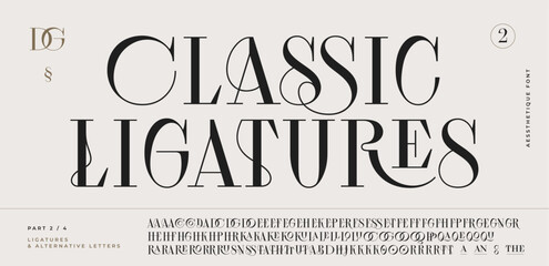 Classic serif font. Headline alphabet serif alphabet with graphic elements, sign, symbol, alternative letters. Classic creative serif font alphabet for design, typographic Vector Illustration