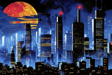 Global Market Analysis Illustrated in Twilight Urban Setting, ideal for financial analytics software promotional materials.
