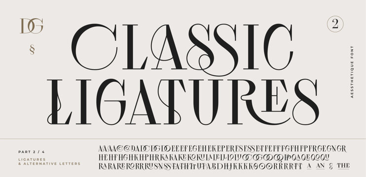 Classic serif font. Headline alphabet serif alphabet with graphic elements, sign, symbol, alternative letters. Classic creative serif font alphabet for design, typographic Vector Illustration