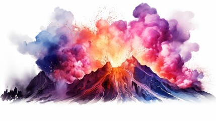 Watercolor clipart of a vibrant volcano science project erupting, isolate on white background