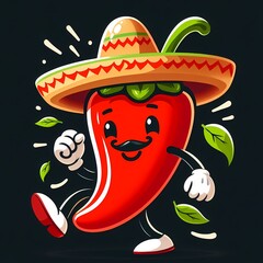 A cartoon red pepper character wearing a sombrero