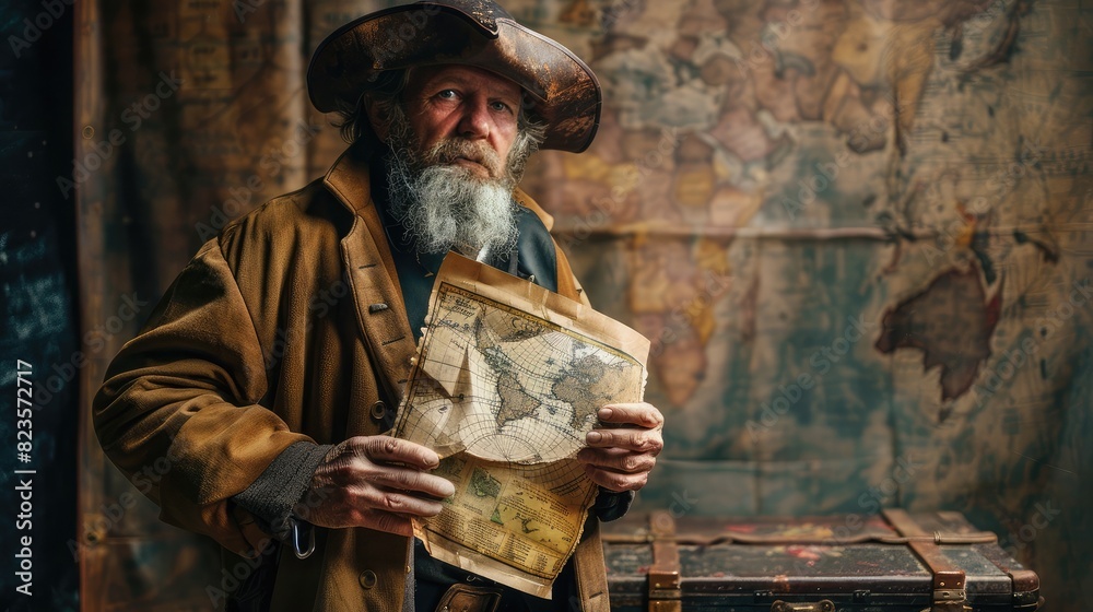 Wall mural treasure hunter holding a vintage map while standing next to a mysterious golden chest