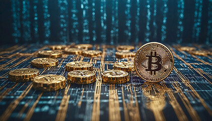 Close-up shot of crypto coins on a digital background highlighting cryptocurrency and blockchain technology