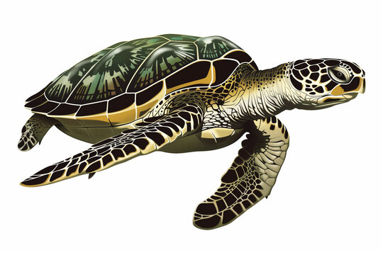 Full Body Turtle Illustration: Detailed Vector Drawing of Turtle with Green Shell