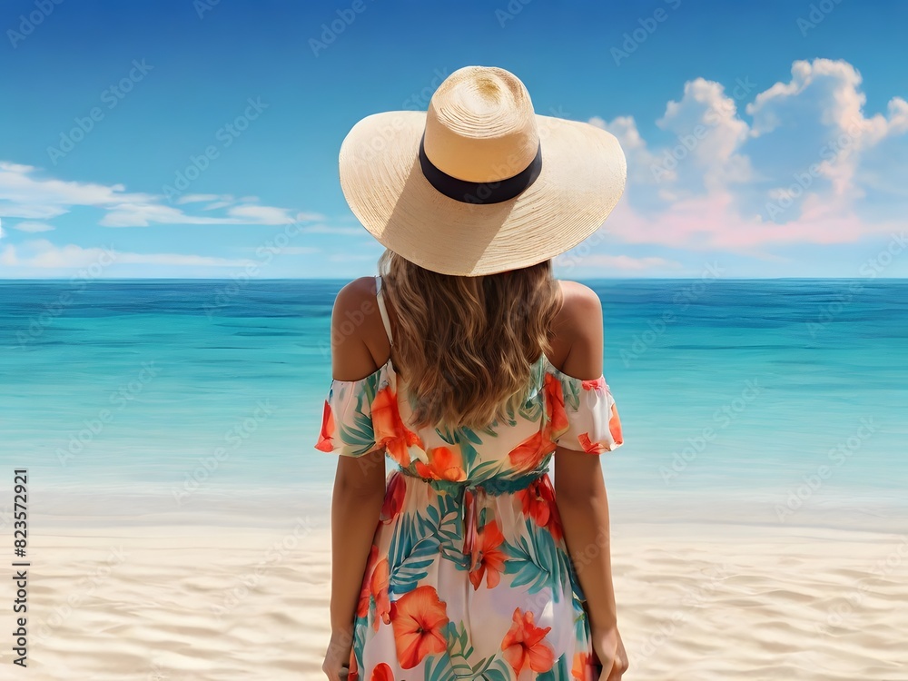 Wall mural a sunny holiday destination the back of a young tourist woman in a summer dress and hat standing on 