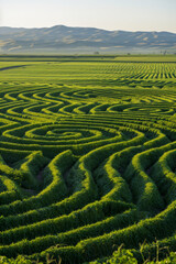 Aerial view of circular crop patterns created by center-pivot irrigation systems. Highlight the repetitive geometric shapes and the contrast between the green crops and the surrounding landscape. 