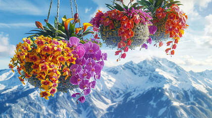 Colorful orchids and lilies brim in hanging baskets against snowy mountains,
