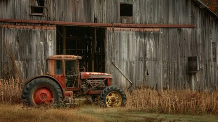 A rustic barn with weathered wood and a rusty old tractor.