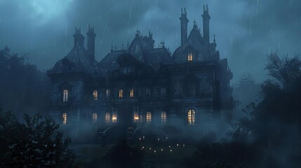 Obraz premium Depict an eerie Gothic mansion on a stormy night, with flickering candlelight in the windows and a dense fog surrounding it, Close up