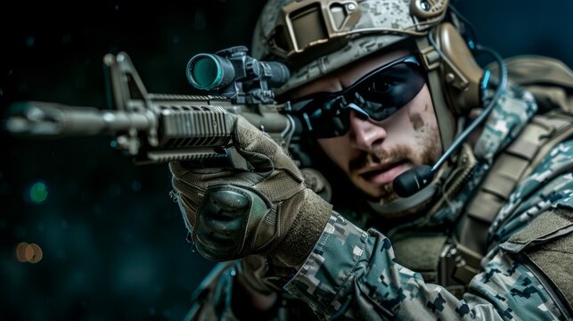 Intense close-up of a soldier aiming a rifle, wearing tactical gear and a helmet, set against a dark background, highlighting readiness and focus.