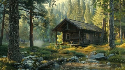 A rustic cabin in a peaceful forest.
