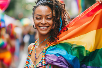 A smiling Black woman with dreadlocks and facial glitter holds a rainbow flag at an LGBT pride parade, exuding joy and pride
