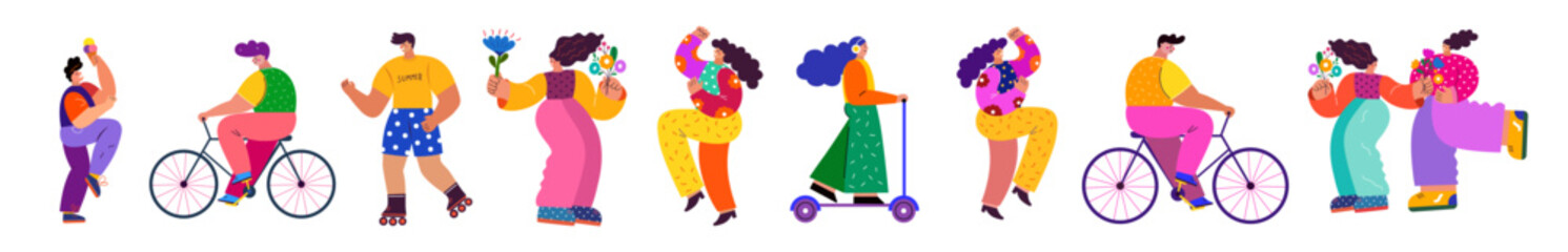 Big summer set with people. Happy people dance, rejoice, walk, rollerblade, bike, scooter.