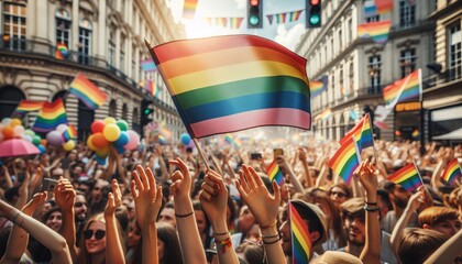 CSD-Pride Parade mit erhobenen Händen und Regenbogenfahne, LGBT