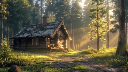 A rustic cabin in a peaceful forest.