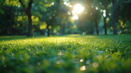 Beautiful blurred background of natural green grass and trees on the lawn under sunlight with bokeh...