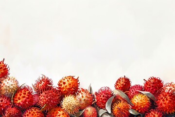 Fototapeta premium An oil painting-style panoramic illustration of fresh, spiky rambutan fruits, spread out against a stark white background