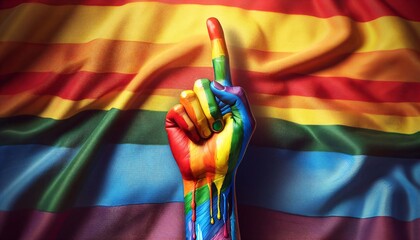 hochgestreckter Zeigefinger mit Fahne in Regenbogenfarben, CSD, Pride, copy space