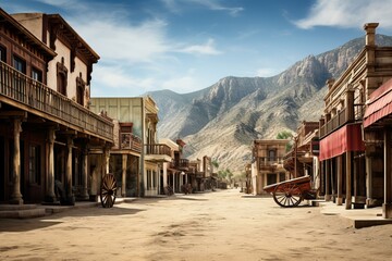 Sunny view of a deserted street lined with classic western-style facades and wooden carts