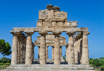 Fototapeta premium Details temple of Athena of Paestum. Paestum was a major ancient Greek city on the coast of the Tyrrhenian Sea in Magna Graecia. South Italy. Italy. near Napoli.