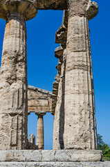 Details temple of Athena of Paestum. Paestum was a major ancient Greek city on the coast of the Tyrrhenian Sea in Magna Graecia. South Italy. Italy. near Napoli.