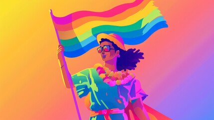 A 2D flat style character at a pride event, dressed in colorful attire and holding a pride flag. The background is a subtle gradient, allowing the vibrant colors to stand out.