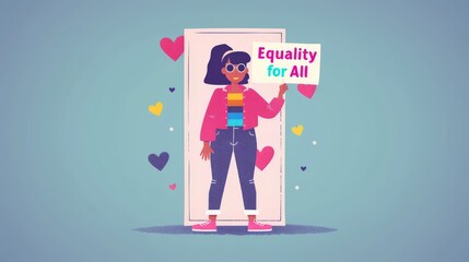 A 2D flat style character participating in a pride awareness campaign, holding a sign that reads "Equality for All". The character stands against a simple backdrop, emphasizing the message.