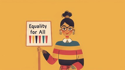 A 2D flat style character participating in a pride awareness campaign, holding a sign that reads "Equality for All". The character stands against a simple backdrop, emphasizing the message.